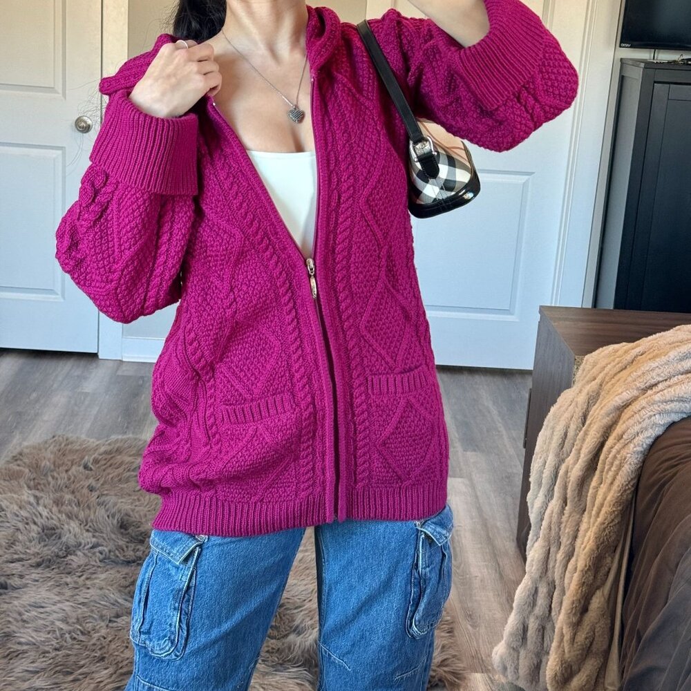 Vintage Blarney Merino Wool Cable Knit Hooded Sweater Full Zip Fisherman Pink L